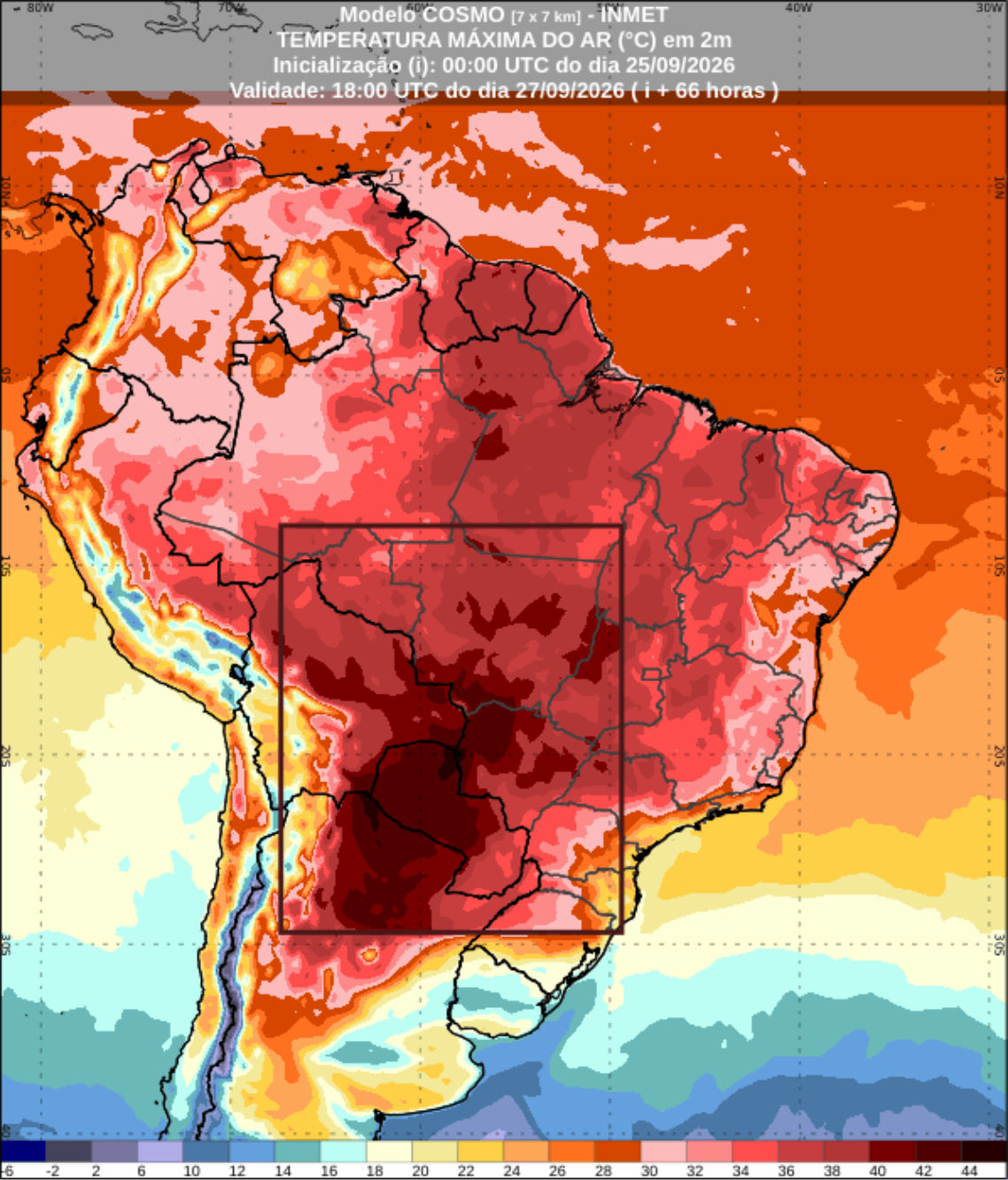 Temperatura máxima prevista pelo modelo numérico de previsão de tempo COSMO