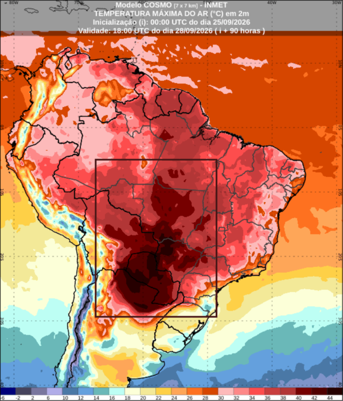 Temperatura máxima prevista pelo modelo numérico de previsão de tempo COSMO