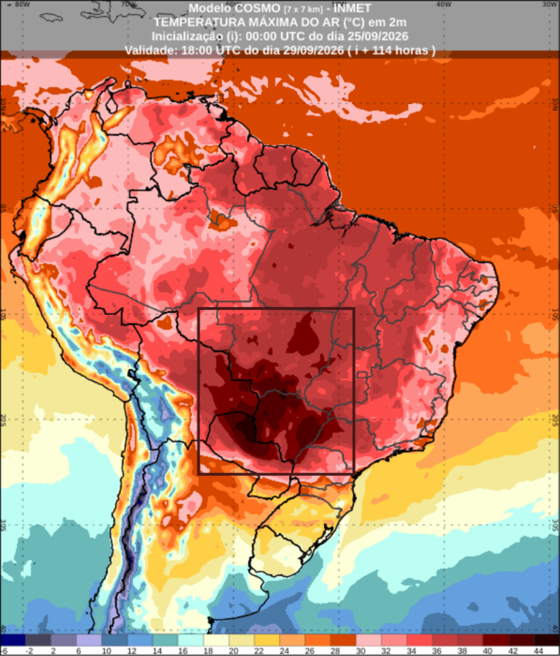 Temperatura máxima prevista pelo modelo numérico de previsão de tempo COSMO