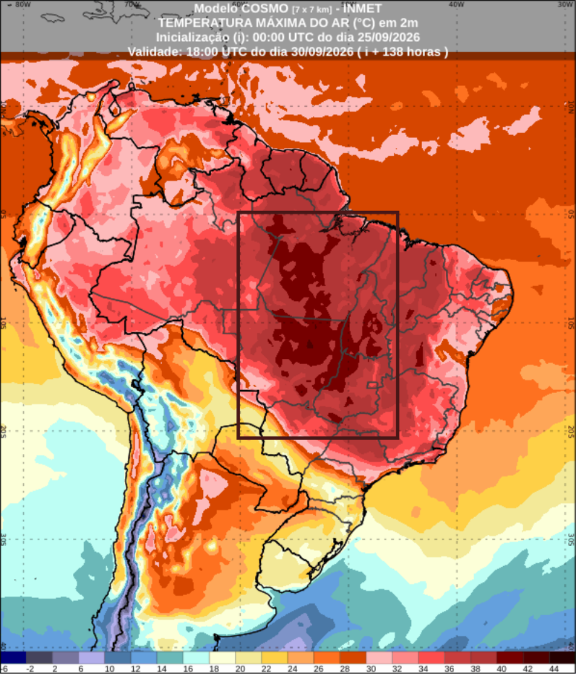 Temperatura máxima prevista pelo modelo numérico de previsão de tempo COSMO