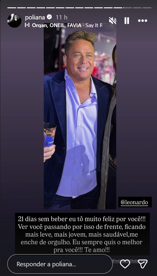 Poliana Rocha celebrou os 21 dias sem álcool vividos por Leonardo e declarou orgulho pela nova fase do cantor — Foto: Instagram