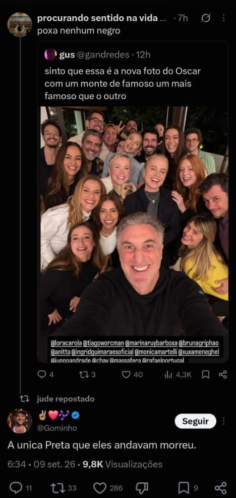 Gominho comentou no X sobre foto divulgada por Luciano Huck