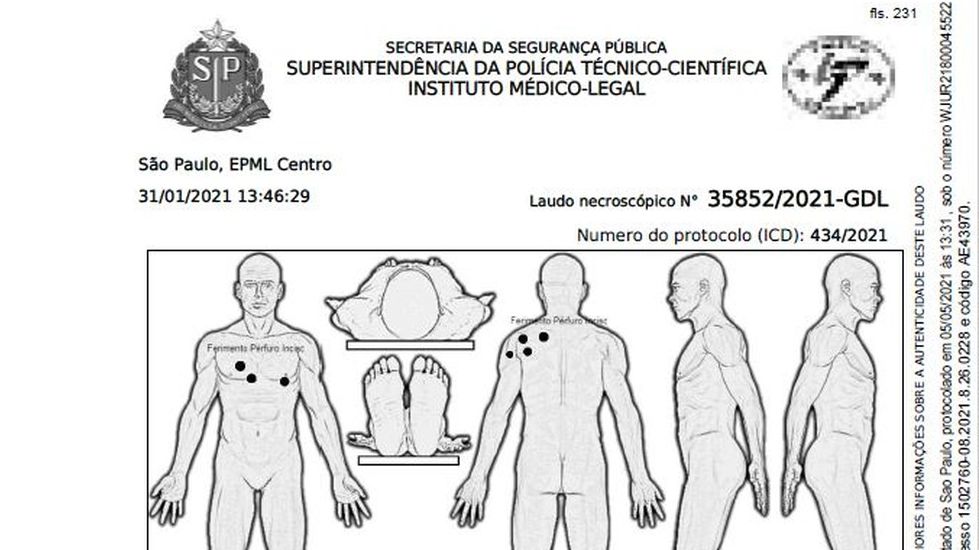Laudo mostra que vítima levou oito facadas — Foto: Reprodução/Polícia Técnico-Científica