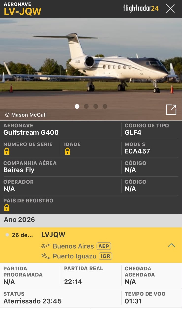 Flightradar24 registra chegada de jato citado em possível viagem de Flávio Bolsonaro à Argentina