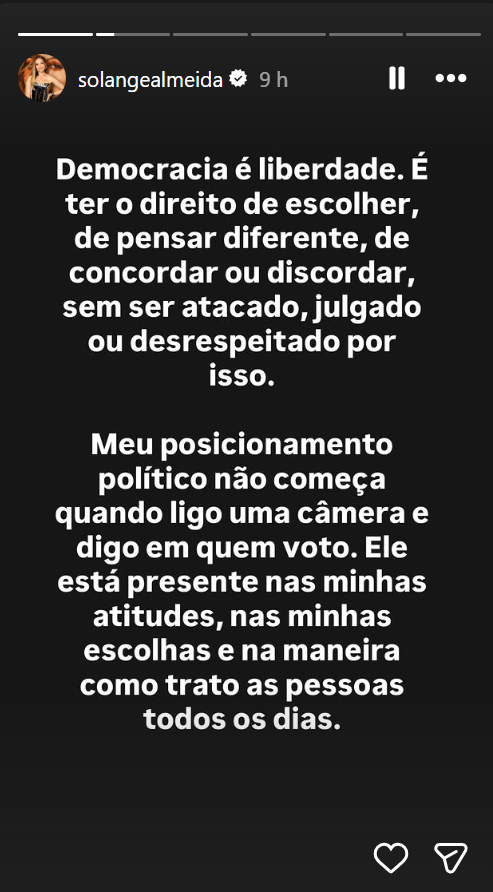 Solange Almeida publicou uma reflexão nos stories após receber cobranças para revelar seu posicionamento político e em quem pretende votar nas eleições de 2026 — Foto: Reprodução/Instagram