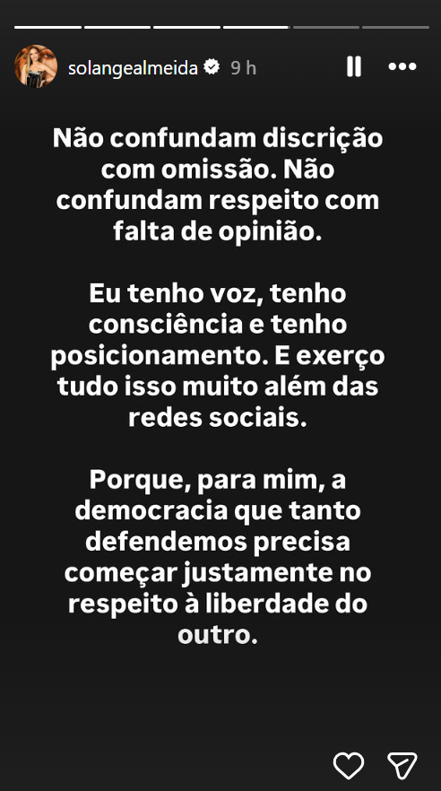 Solange Almeida publicou uma reflexão nos stories após receber cobranças para revelar seu posicionamento político e em quem pretende votar nas eleições de 2026 — Foto: Reprodução/Instagram