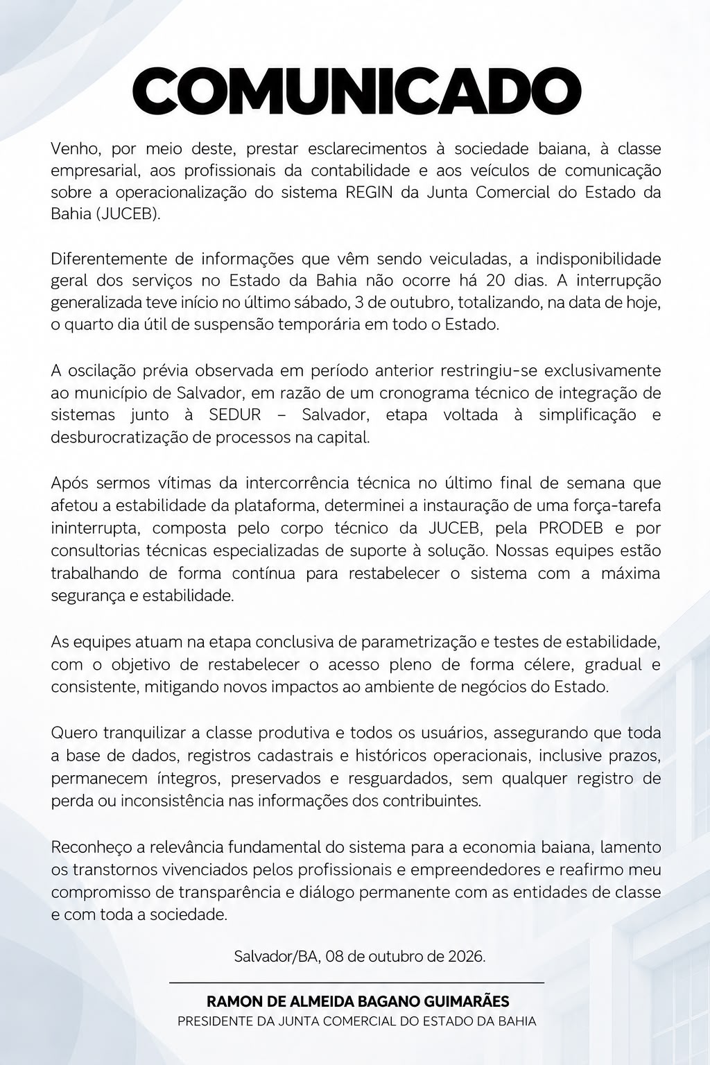 Foto: Comunicado da Juceb | Reprodução: Divulgação