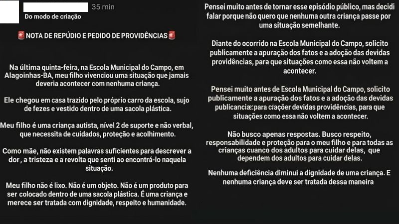 Criança autista é enviada para casa dentro de saco plástico por escola na Bahia