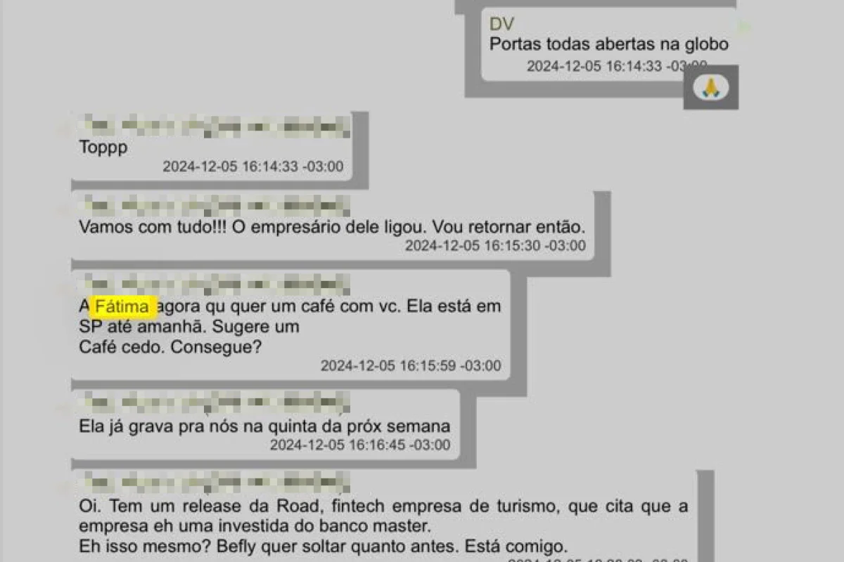 Fátima Bernardes embolsou R$ 5,4 milhões do Banco Master e prints de conversas de Daniel Vorcaro vêm à tona