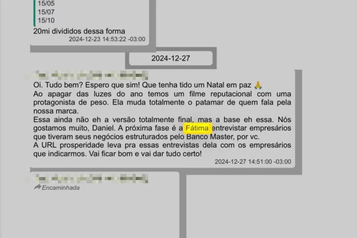 Fátima Bernardes embolsou R$ 5,4 milhões do Banco Master e prints de conversas de Daniel Vorcaro vêm à tona