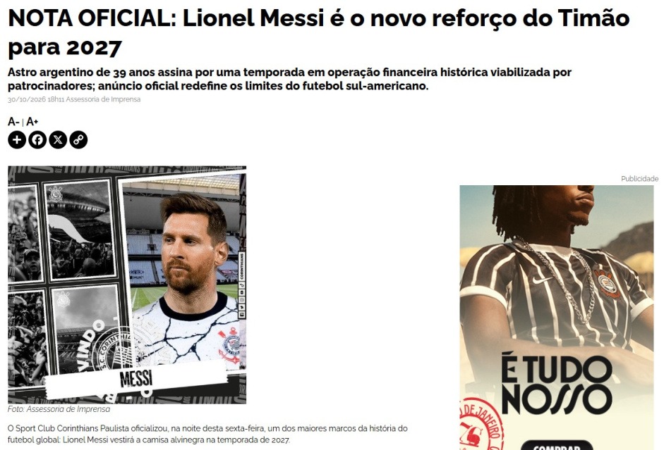 Reprodução/Site Corinthians