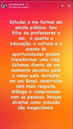 Declaração de Isis Valverde nos stories - Instagram