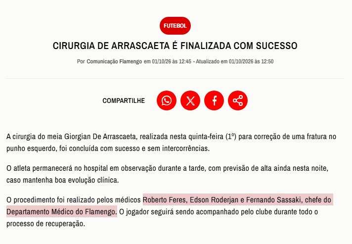 Divulgação/ site oficial do Flamengo