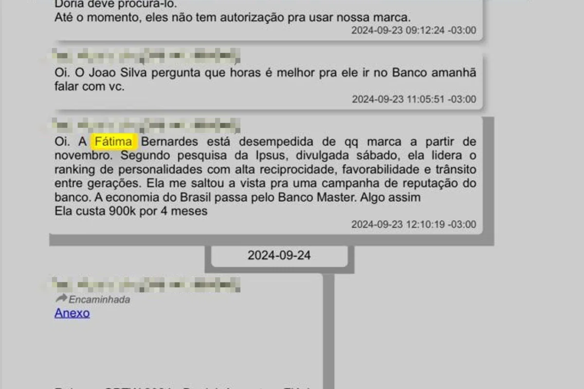 Fátima Bernardes embolsou R$ 5,4 milhões do Banco Master e prints de conversas de Daniel Vorcaro vêm à tona