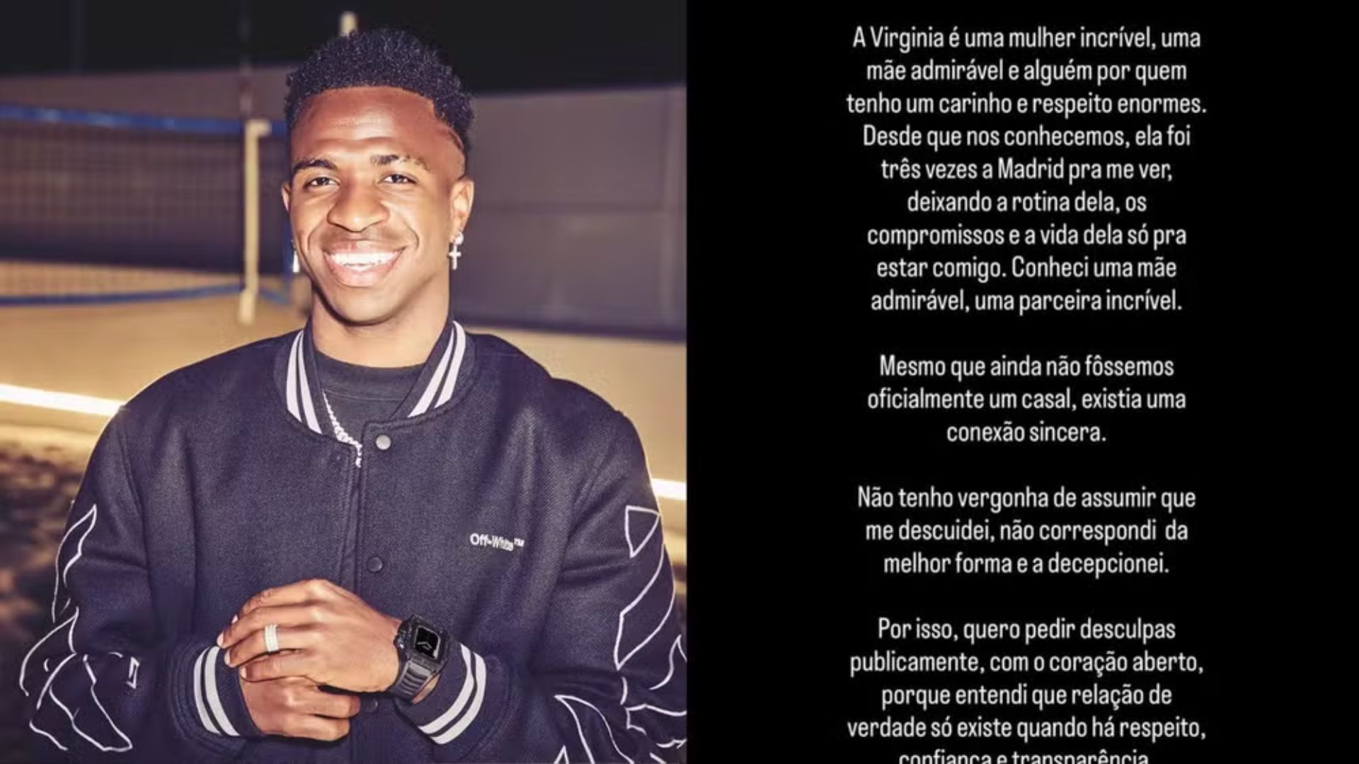 Vini Jr. pediu desculpas publicamente à influenciadora após a repercussão de conversas atribuídas ao jogador com outras mulheres — Foto: Reprodução/Instagram