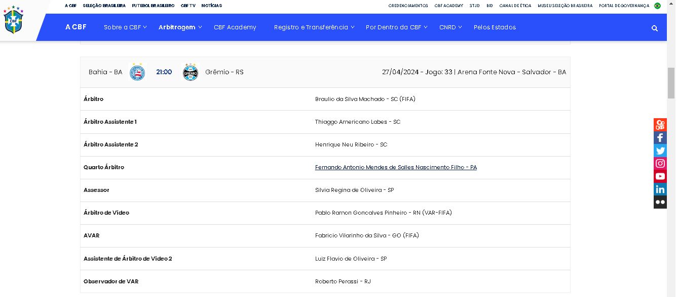 Imagem que mostra a escala da arbitragem para o jogo Bahia e Grêmio