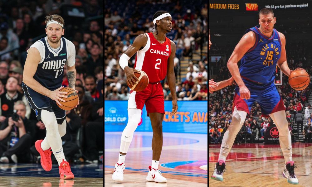 Três homens aparecem na foto; um preto e dois brancos com uniformes de times de basquete da NBA
