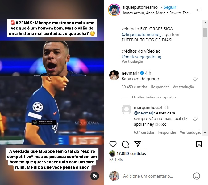Print de uma página do Instagram mostrando uma publicação elogiando o jogador francês Mbappé e uma critica do brasileiro Neymar Jr.