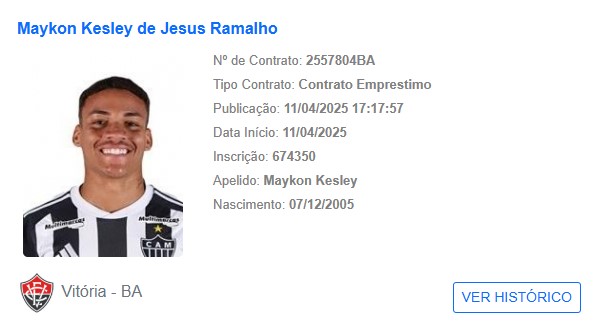 Nome de Maykon Jesus no BID, como novo jogador do Vitória