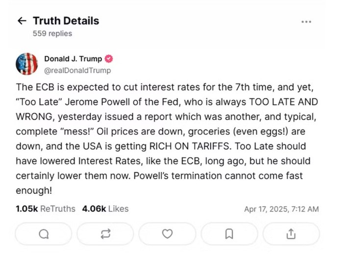 Publicação do presidente americano em suas redes sociais 