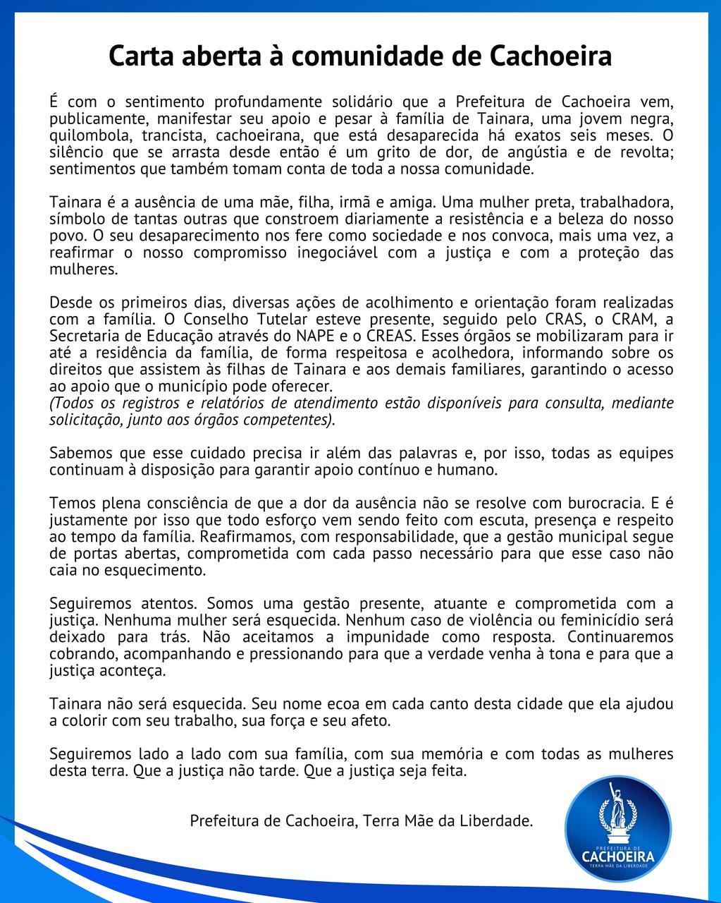 Carta aberta do municipio de Cachoeira para a comunidade 