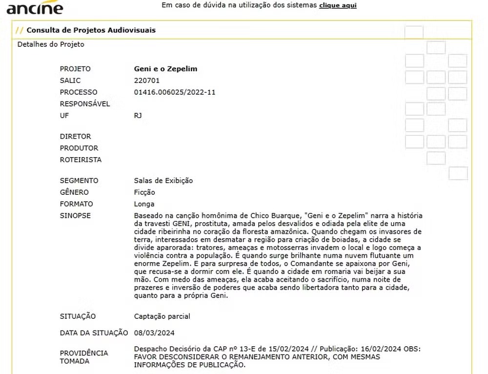 Sem atriz trans no elenco, 'Geni e o zepelim' captou recursos dizendo que filme seria sobre uma travesti — Foto: Reprodução/Ancine