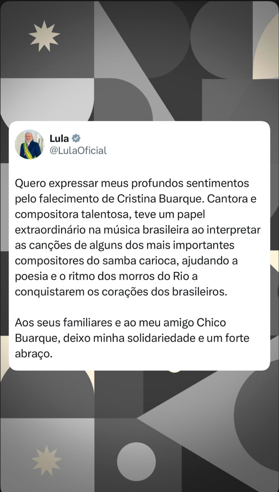 Publicação de Lula sobre o falecimento da cantora 