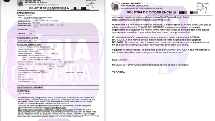 Imagem editada do Boletim de Ocorrência de Flávio Bolsonaro contra influenciadora digital