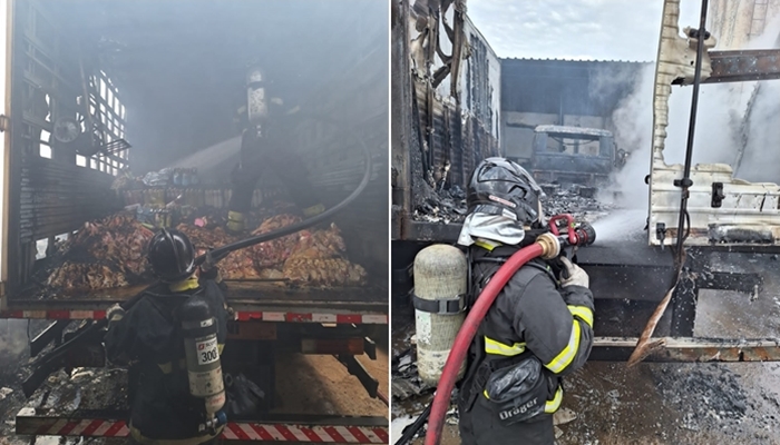 Pelo menos cinco veículos foram atingidos dentro da garagem da distribuidora de alimentos. Foto: Divulgação/Corpo de Bombeiros