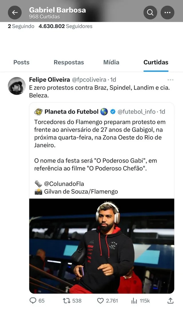 Print da curtida de Gabigol