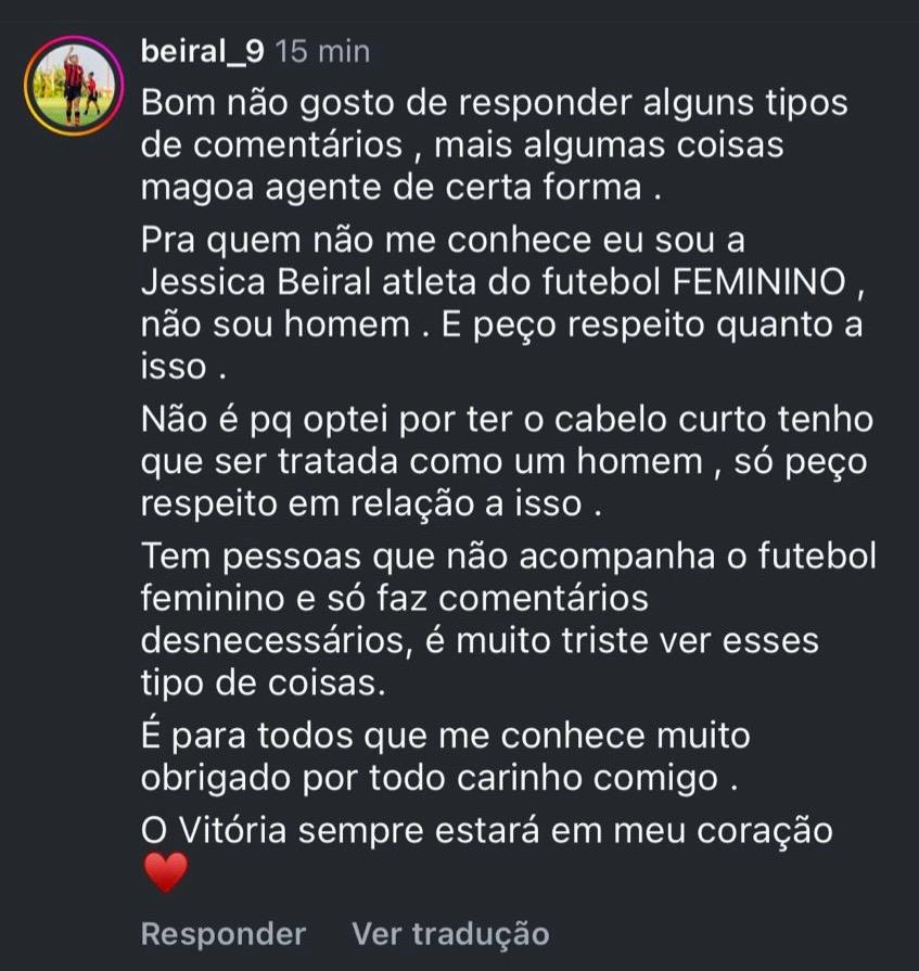 Desabafo da atleta Jéssica Beiral