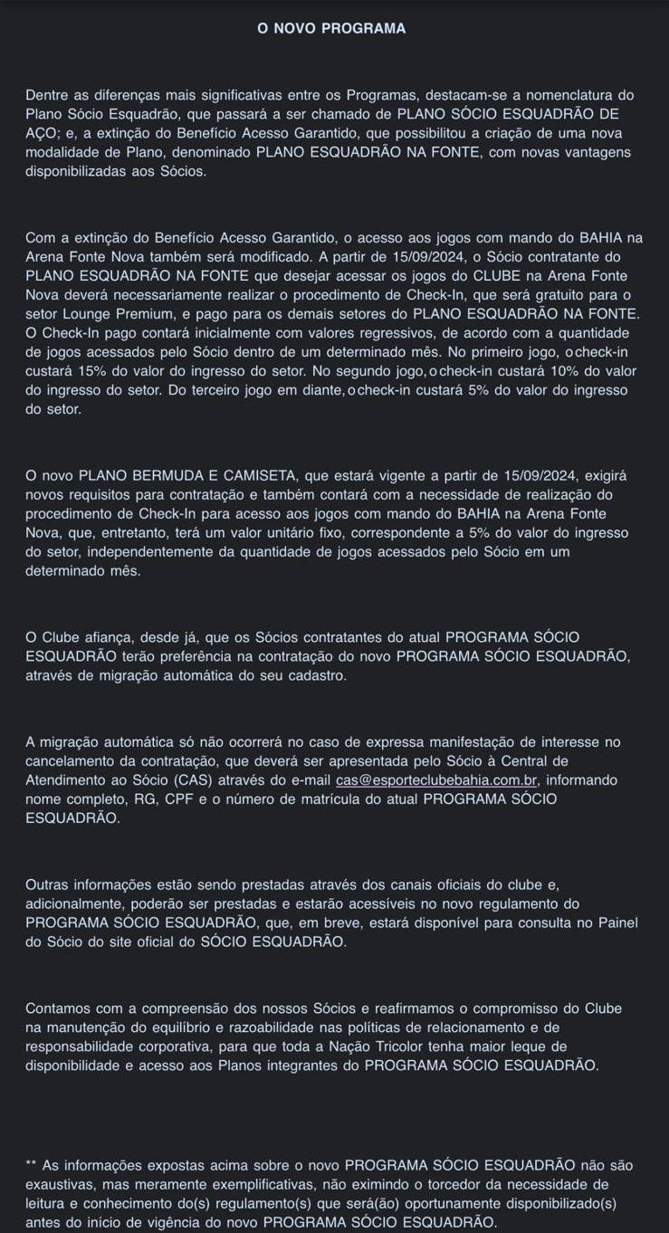 Demais informações sobre o novo plano de sócios do Bahia