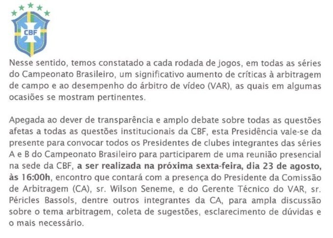 Foto de trecho do ofício da CBF sobre a reunião de clubes com a comissão de arbitragem