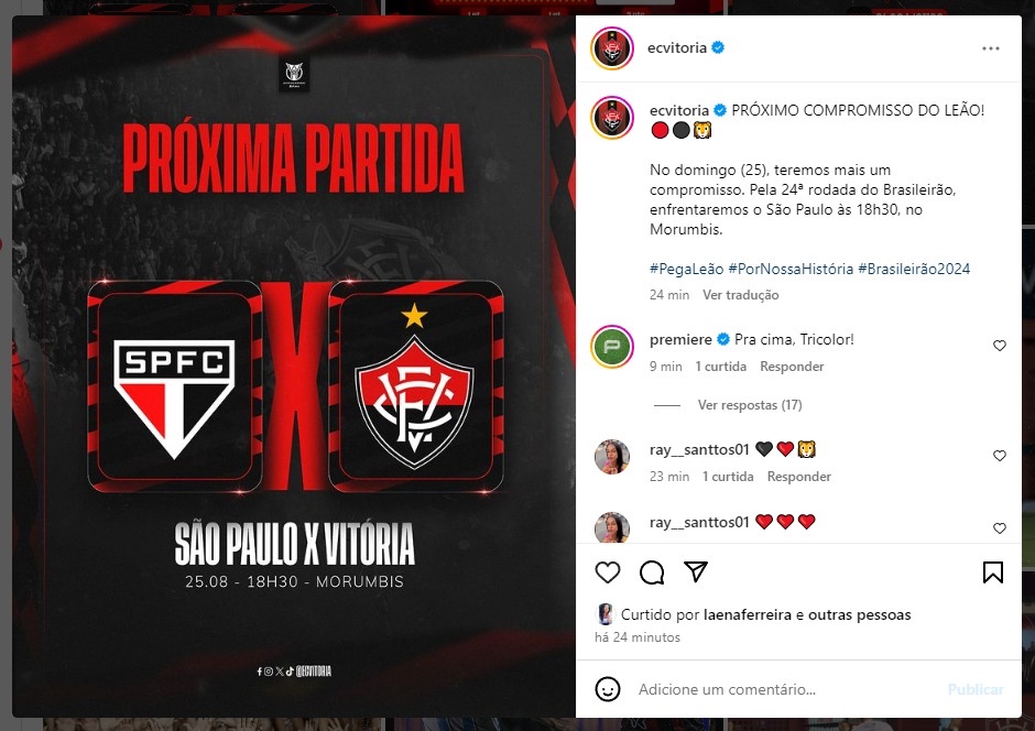 Foto que reproduz uma publicação do instagram do Vitória