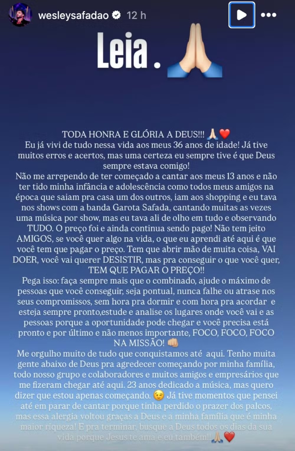 Wesley Safadão refletiu sobre carreira, dificuldades e superação — Foto: Reprodução Instagram