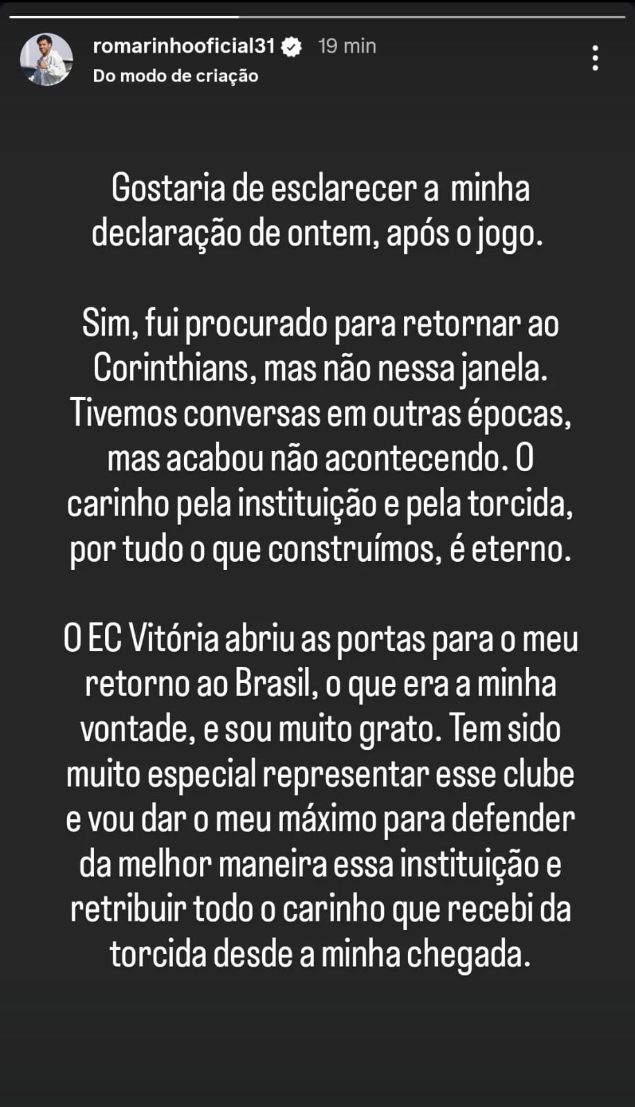 Romarinho se manifesta nas redes sociais