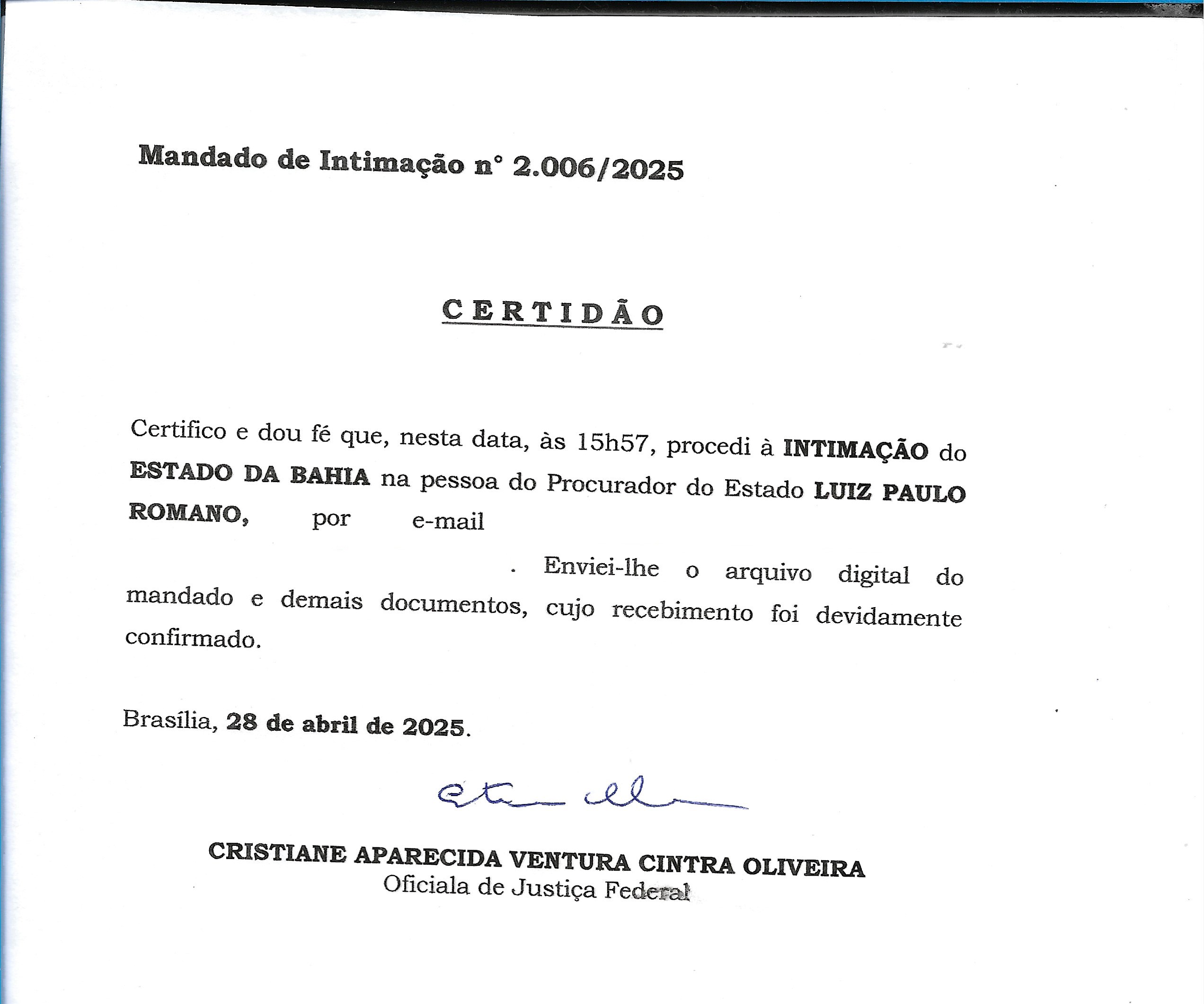 Imagem da intimação enviado para o Estado da Bahia 
