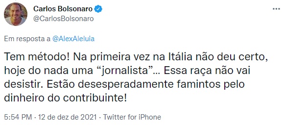 Carlos Bolsonaro ironiza agressão a jornalista na Bahia.