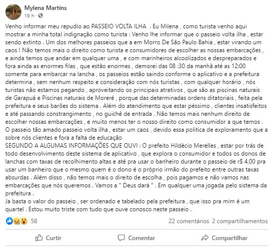 Postagem feita no Facebook