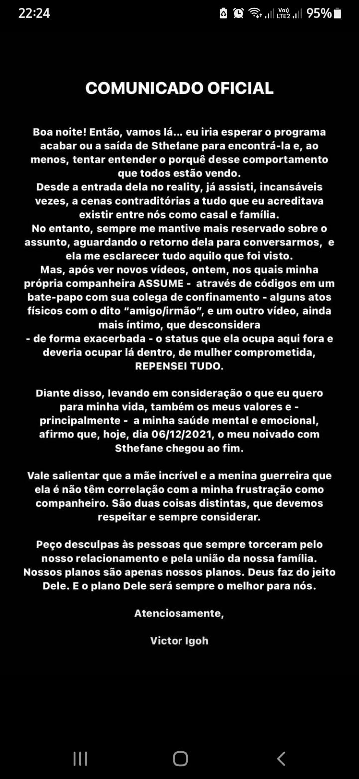 Desabafo de Victor Igor no Instagram