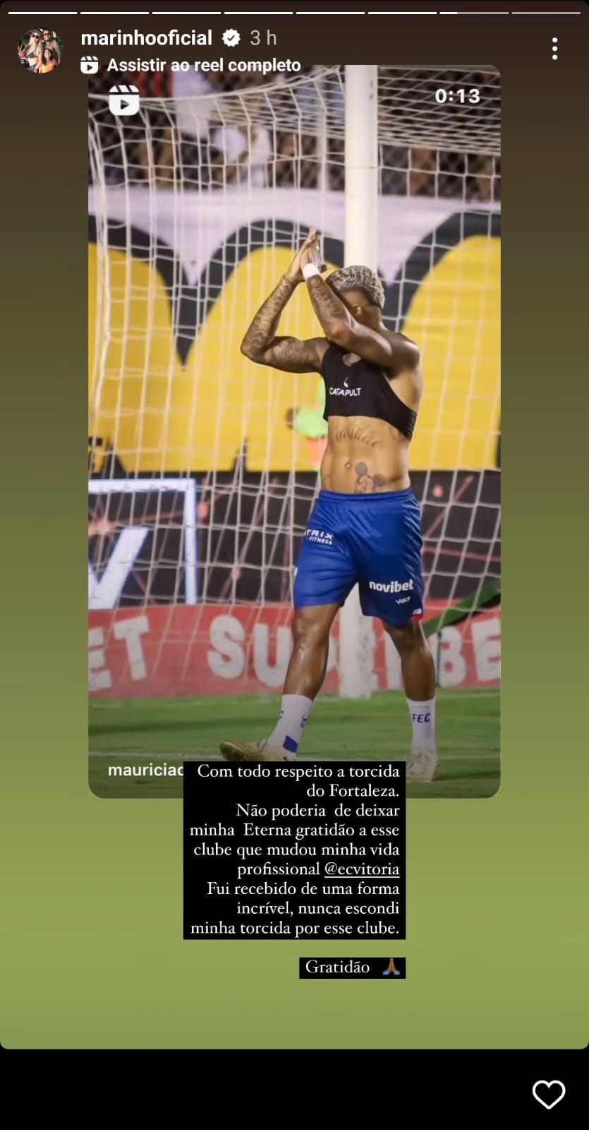 Marinho se declara à torcida do Vitória - Reprodução/Redes sociais