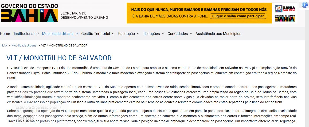 Site SEDUR/BA - http://www.sedur.ba.gov.br/mobilidade-urbana/vlt/