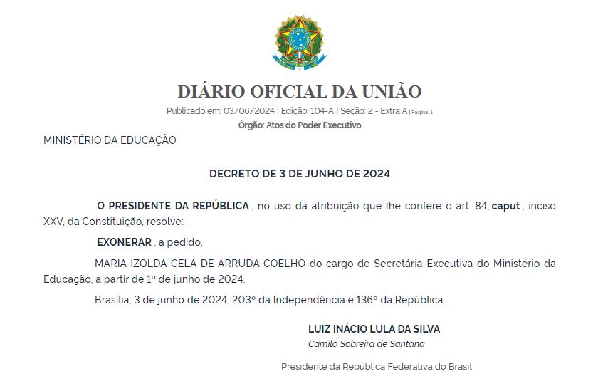 Exoneração publicada no DOU