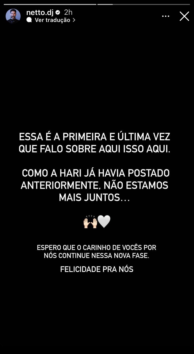 DJ Netto sobre fim do relaciuonamento| Reprodução/Instagram