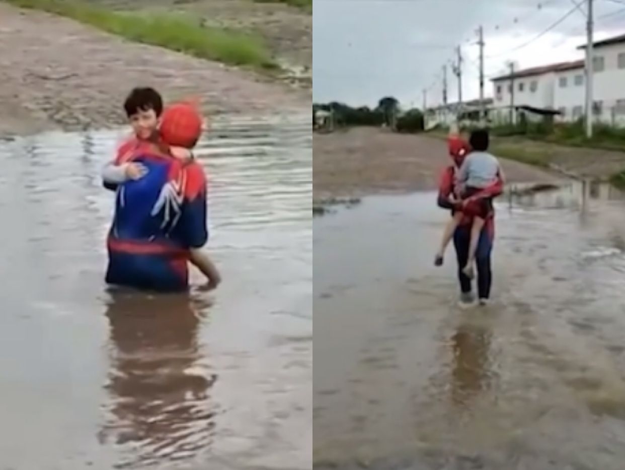 Homem-Aranha salva criança de rua alagada: 'Prefeito, tenha vergonha na cara'