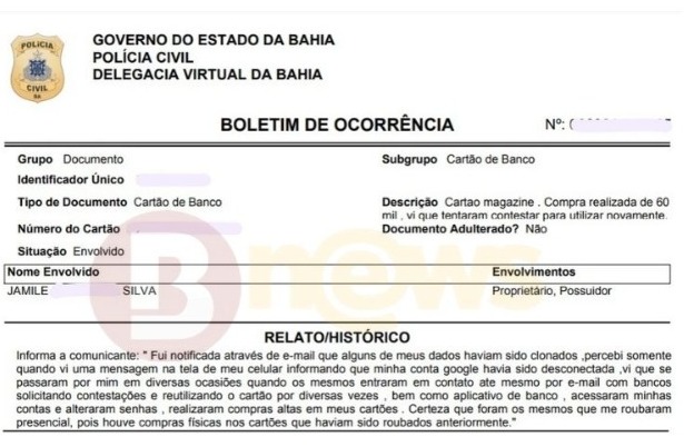 Boletim de Ocorrência feito por Jamile - Arquivo Pessoal