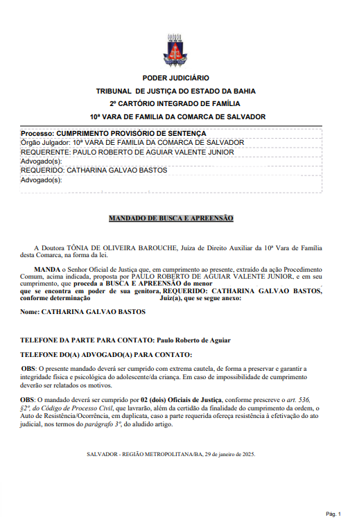 Documento com o pedido de busca e apreensão de Benjamin