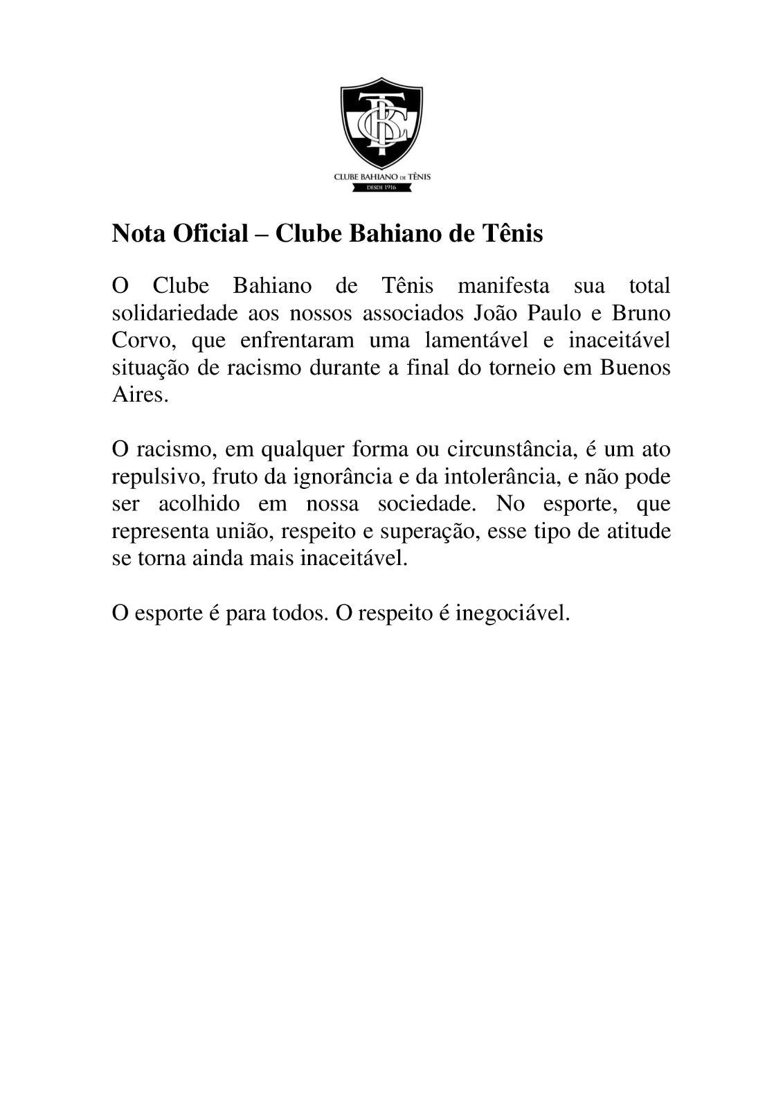 Nota oficial do Clube Bahiano de Tênis - Foto: Divulgação / Clube Bahiano de Tênis