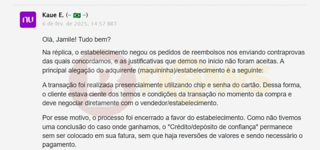 Resultado de contestação junto a Nubank - Arquivo Pessoal