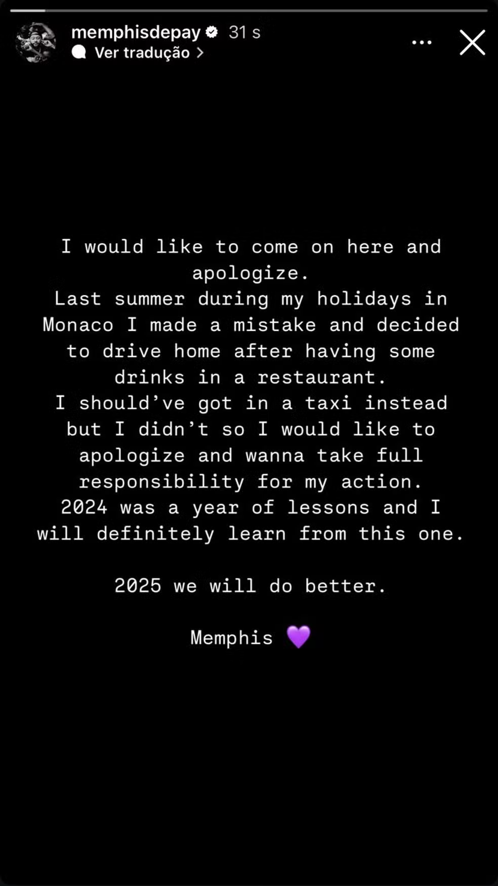 Pronunciamento de Memphis Depay nas redes sociais